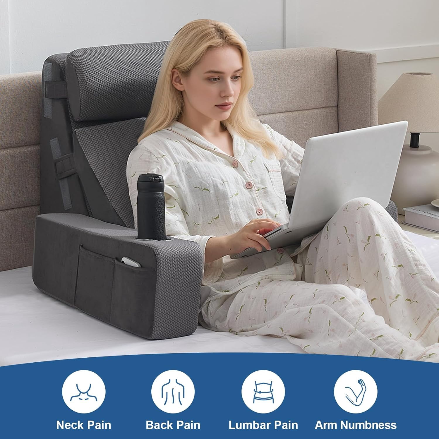 Reading Pillow for Sitting in Bed Adult, Back Pillow for Bed Sitting up with Arms, Pockets and Cup Holder, Sit Up Backrest Pillows for Beds Chair Support, Rest Pillow for Gaming - Image 5