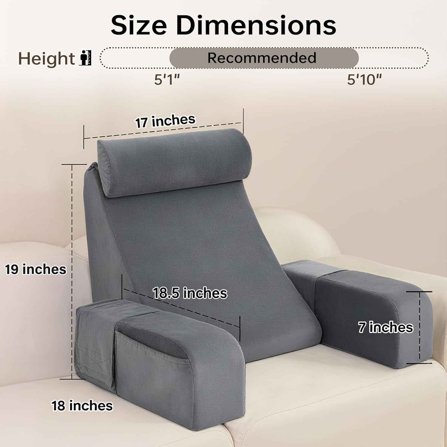 Back Pillow for Bed Sitting up, 19" Reading Pillow for Sitting in Bed Adult, Back Support Pillow with Arms for Watching TV/Reading/Gaming/Resting, Medium(Black) - Image 2