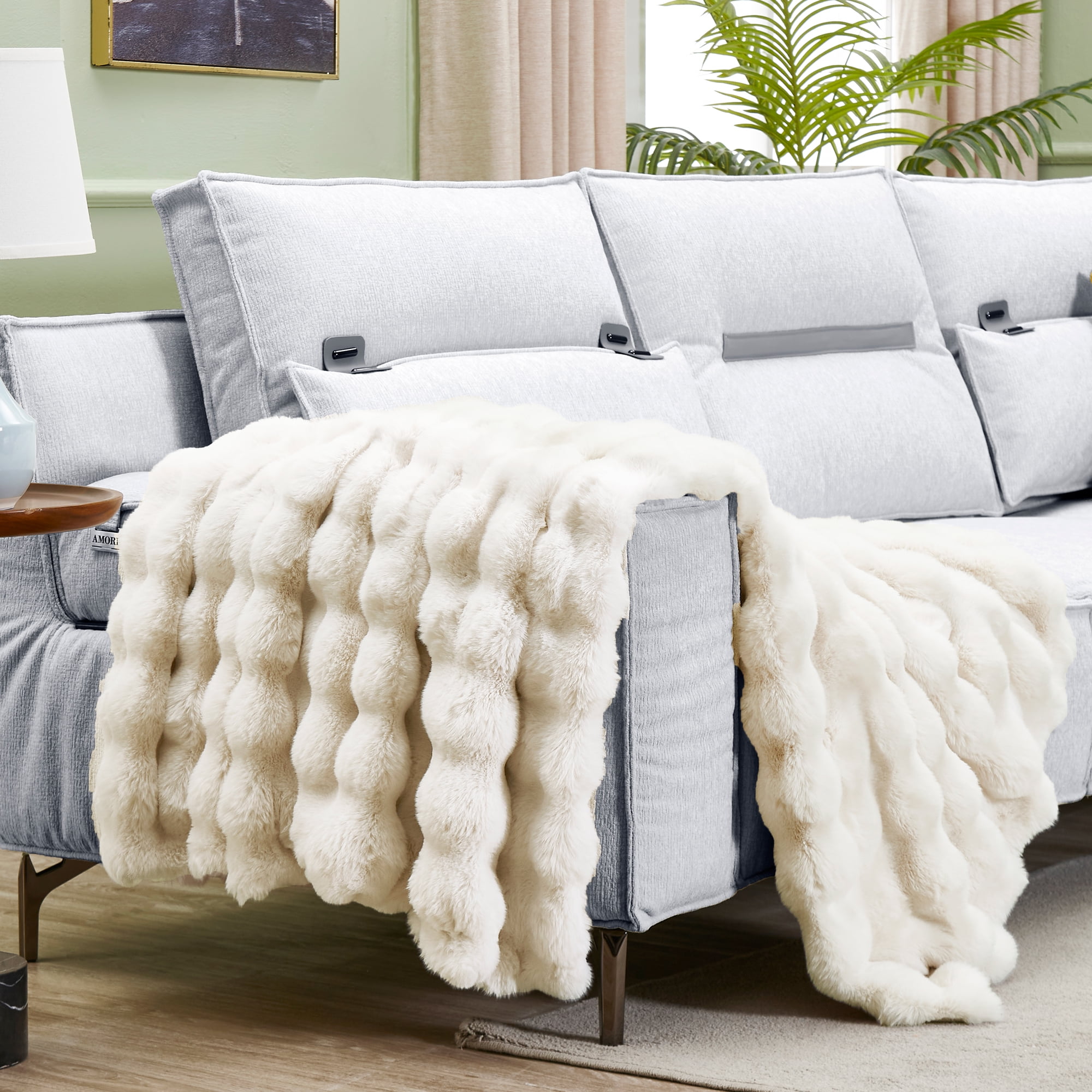 JONIYEAR Extra Large Soft Fuzzy Bubble Faux Rabbit Fur Bed Blanket Full Size 70" x 80", Decorative Big Thick Warm Fluffy Blanket for Winter, Luxury Cute Cozy Shaggy Comfy Furry Blankets, Cream White - Image 9