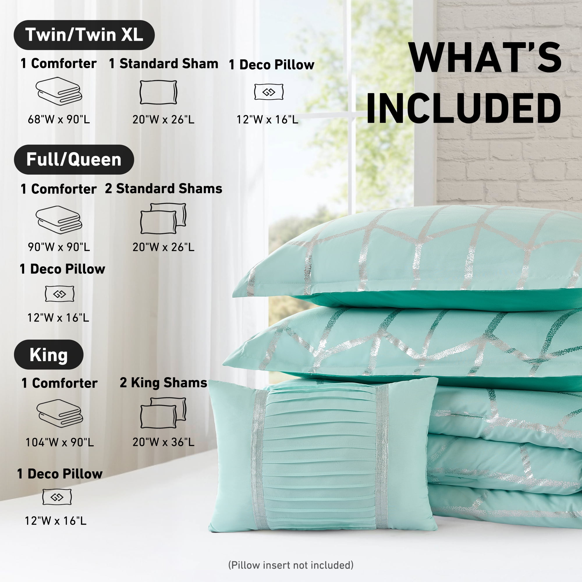 Regency Heights Full/Queen Size Comforter Set, 4-Piece Bedding Set for All Seasons, Geometric Metallic Comforter Bed Set with Decor Pillows,Aqua/Silver - Image 4