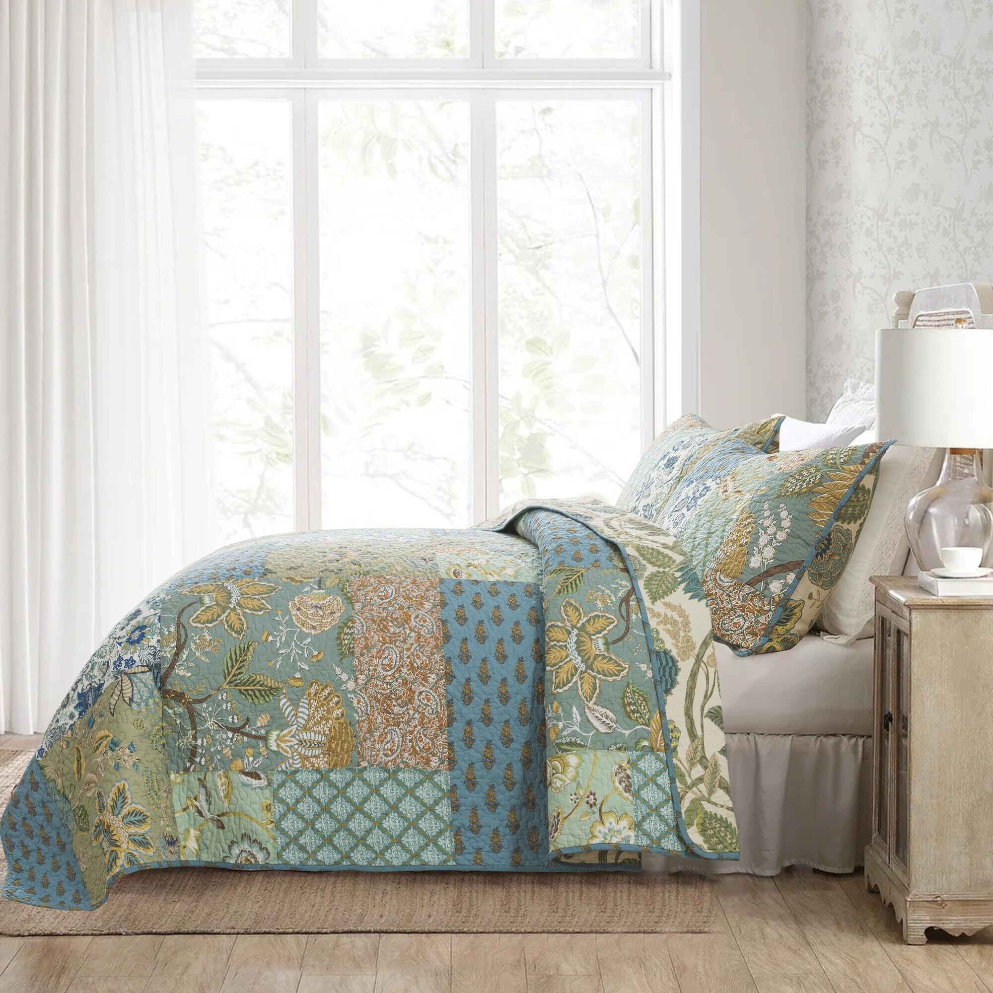 Nordmiex Patchwork Cotton Quilt Set Bohemian Floral Bedding Set, California King - Image 4