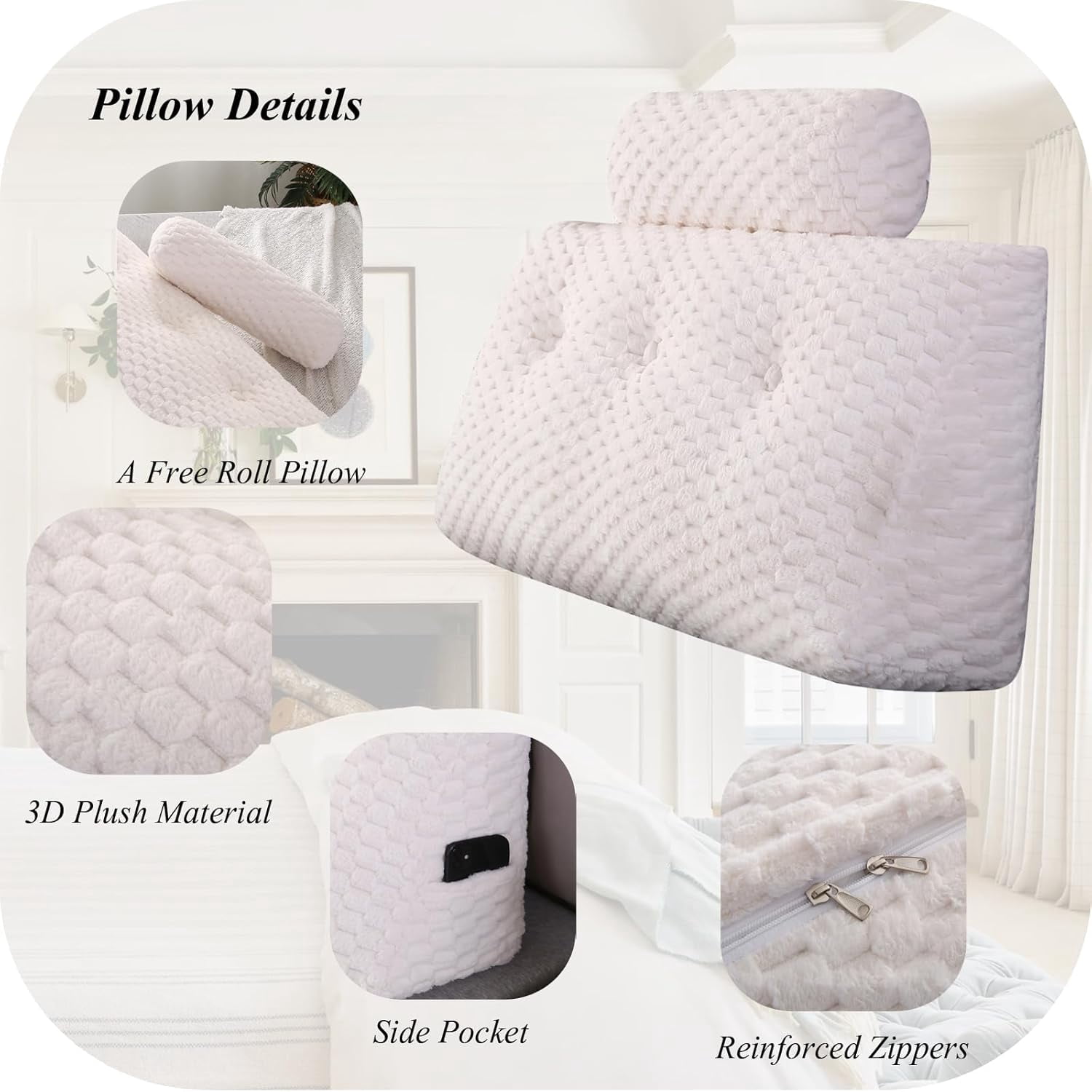ColourTree Beige 39" L x 8" W x 20" H Wedge Headboard Pillows with 1 Head Roll Pillow Bed Wedge Pillow for Headboard Large Bolster for Bed Rest Reading Pillows Backrest Pillows - Image 4