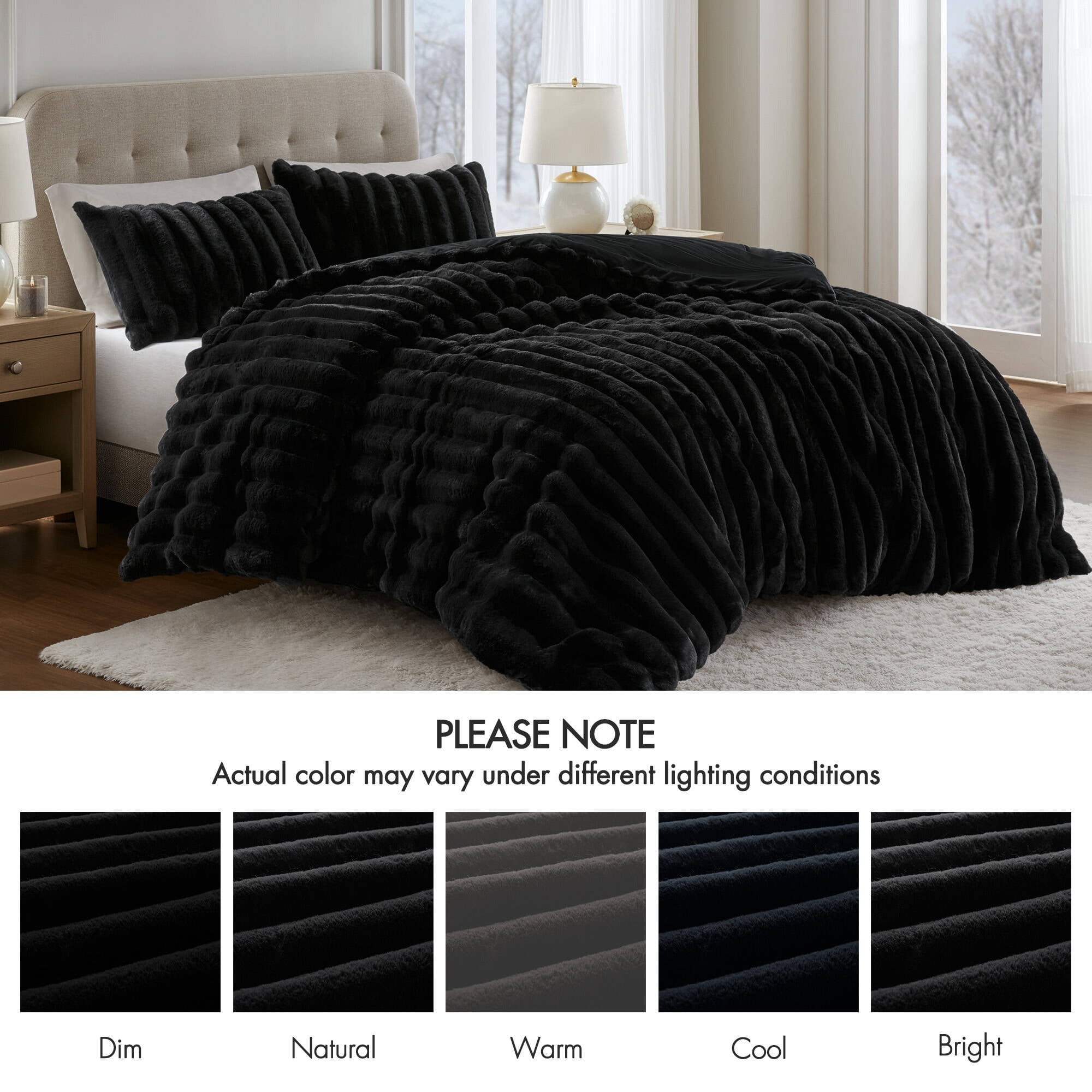 Regency Heights Full/Queen Size Comforter Sets, Black Fluffy Ribbed Plush Bedding Set, 3-Piece Faux Fur Ribbed Bedding Comforter Set - Image 4