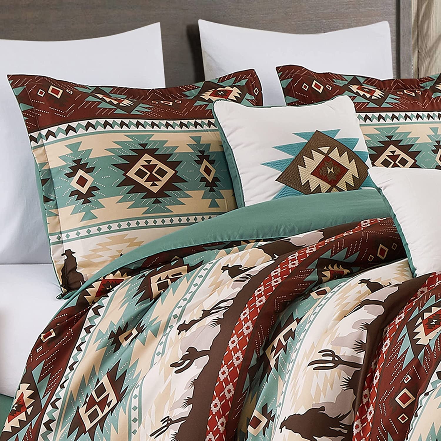 Chezmoi Collection Dune 7-Piece Southwestern Cowboys Comforter Set, Multicolor Teal Brown Beige Tan Red Printed Washed Microfiber Bedding, Oversized King - Image 9