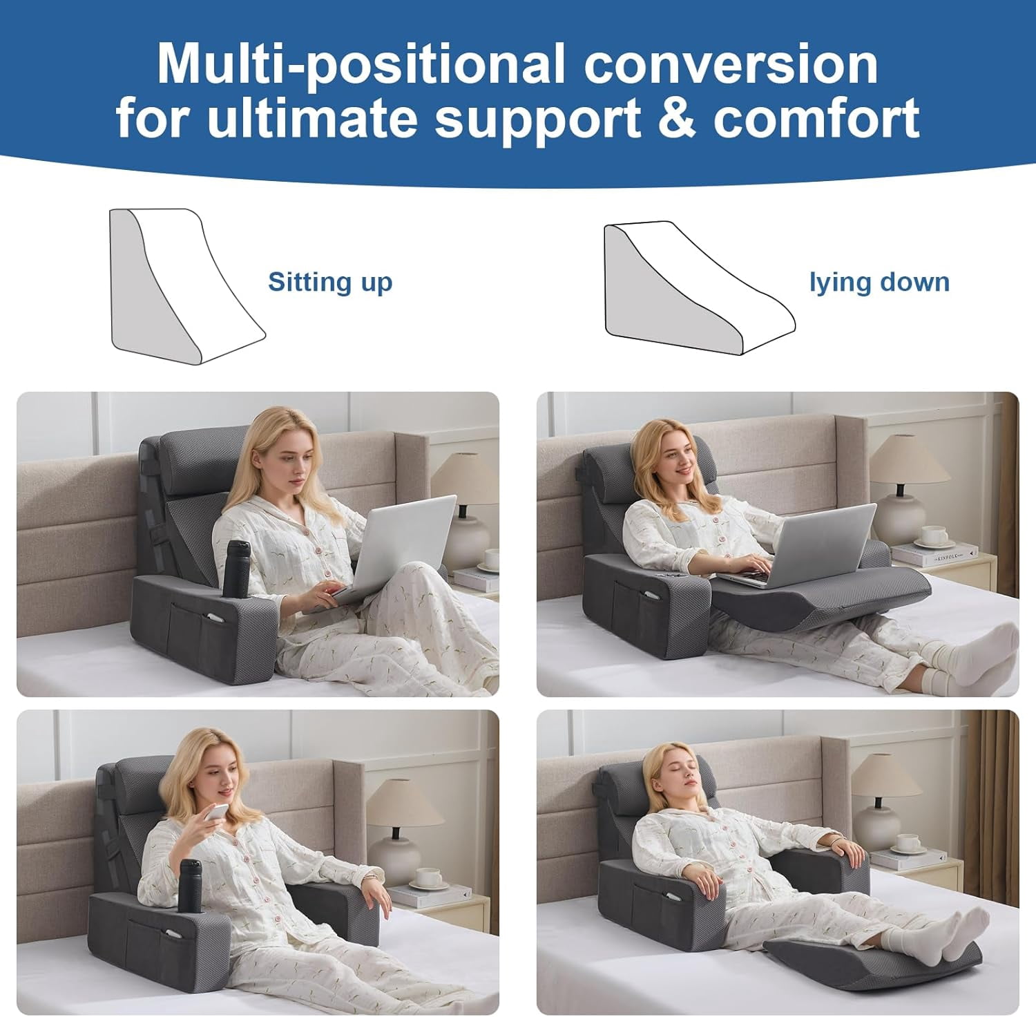 Reading Pillow for Sitting in Bed Adult, Back Pillow for Bed Sitting up with Arms, Pockets and Cup Holder, Sit Up Backrest Pillows for Beds Chair Support, Rest Pillow for Gaming - Image 10