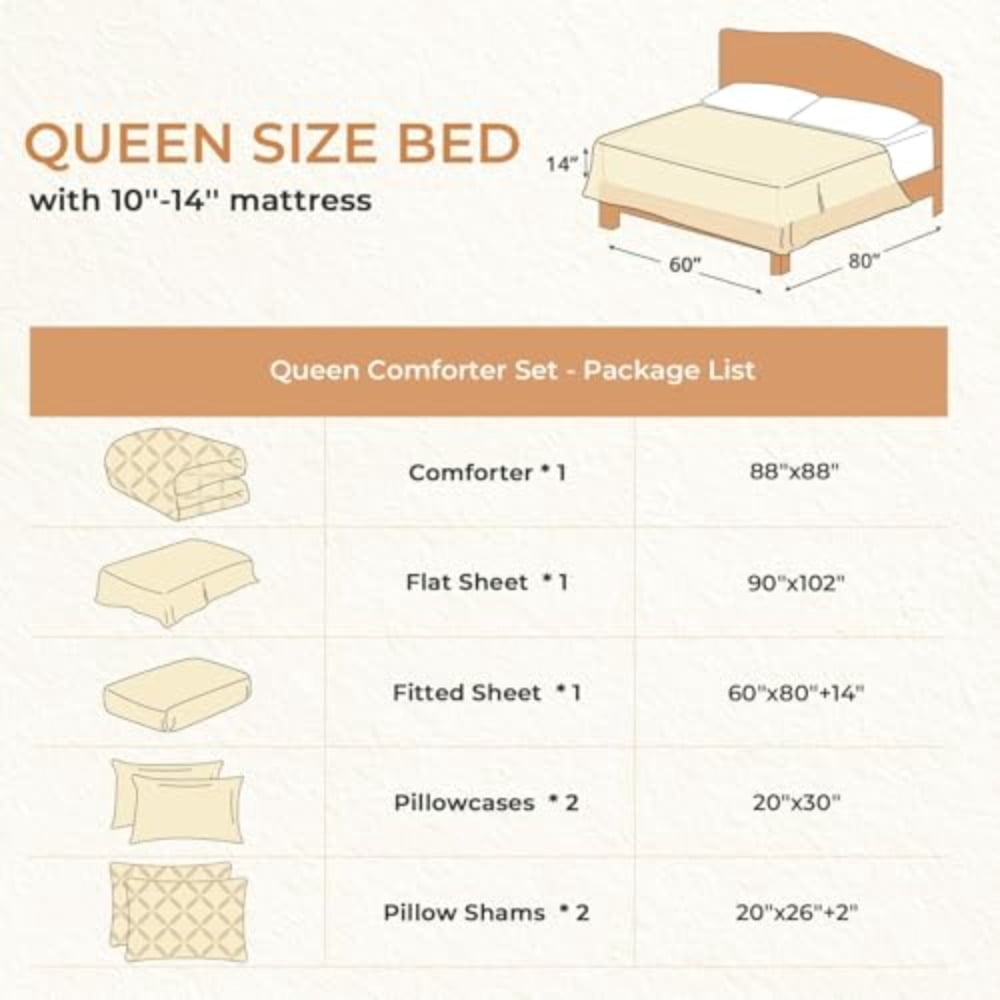 Queen Comforter Set 7-Piece Bed in a Bag Pintuck Bedding Sets for All Season Includes Comforter Flat Sheet Fitted Sheet Pillowcases and Pillowshams Beige - Image 5