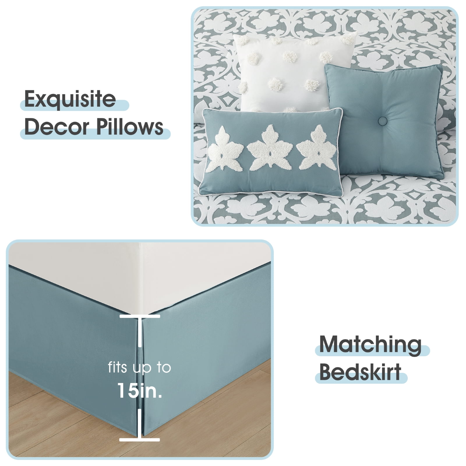 LANCO MODERN LIFESTYLE 7 Pieces Comforter Set, King, Blue, Jacquard Floral Pattern and Classy Damask Medallion Design, Ultra Soft, Includes Bed Skirt, Shams and Decorative Pillows - Image 4