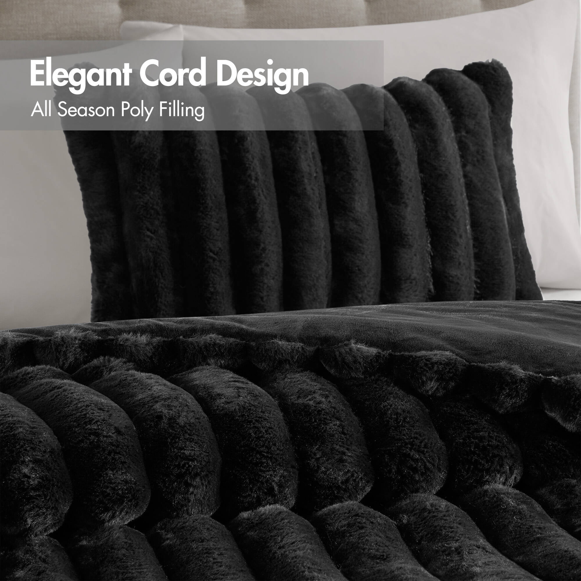 Regency Heights Full/Queen Size Comforter Sets, Black Fluffy Ribbed Plush Bedding Set, 3-Piece Faux Fur Ribbed Bedding Comforter Set - Image 3