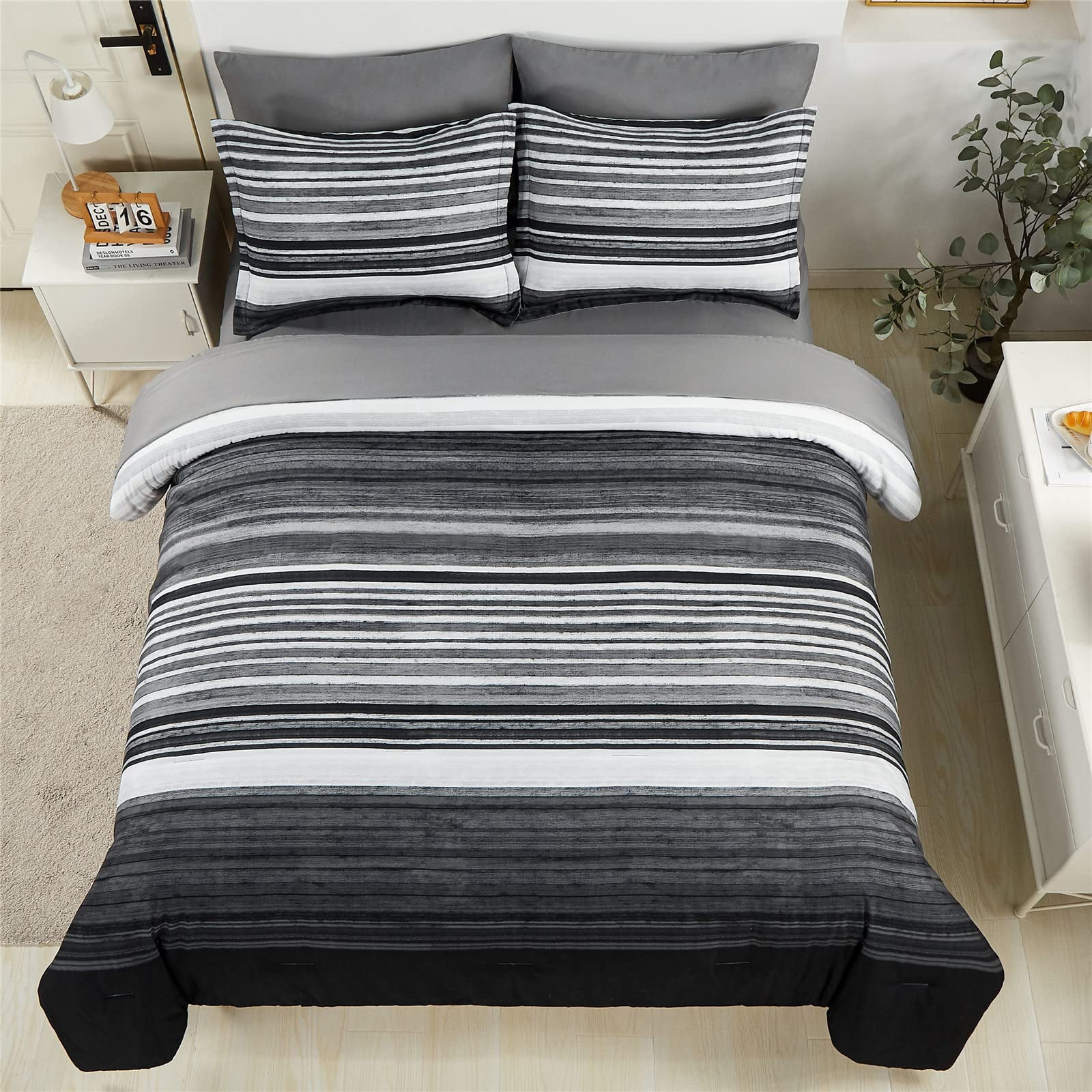 7 Piece Bed In A Bag Stripe Comforter Set Queen Size White Grey Black Patchwork Striped And Sheet All Season Soft Microfiber Complete Bedding Sets(grey Queen) - Image 2