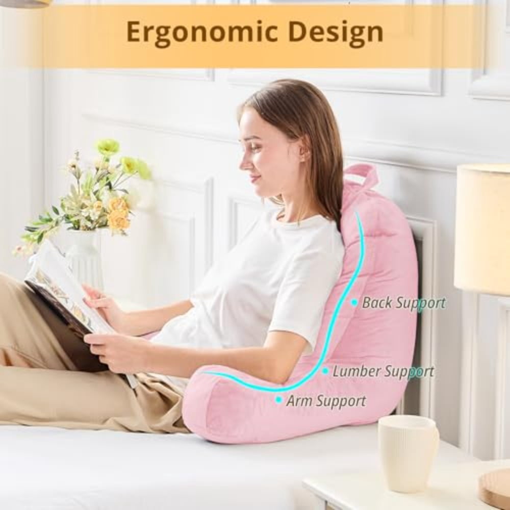 Reading Pillow Velvet Back Pillow for Bed Sitting Up Adult Back-Rest Support Cushion with Arms for Sit Up on Couch Sofa and Floor Dorm Essentials Reading Accessories Pink - Image 4