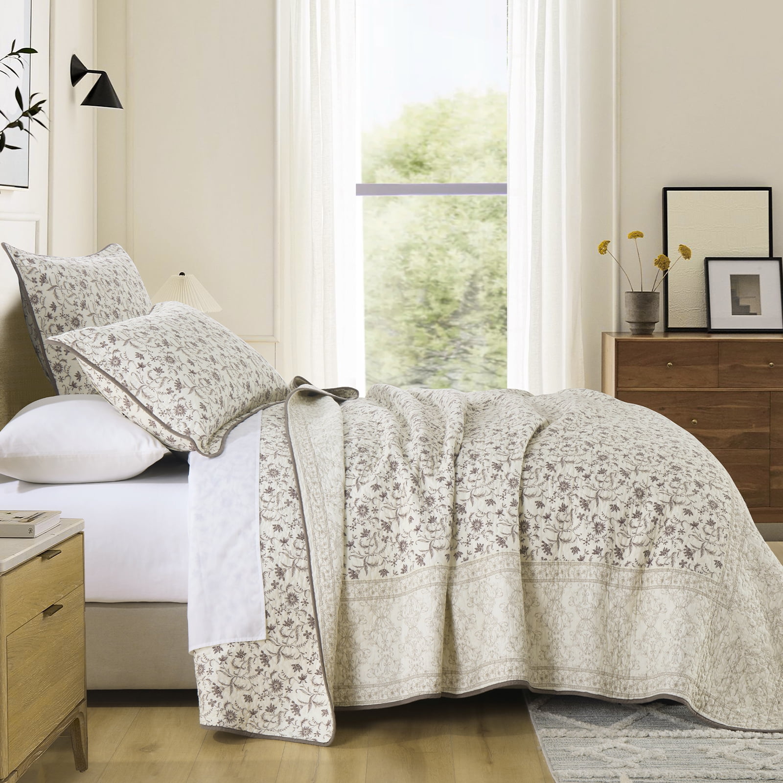 DDUOXIN Floral Beige Queen Size Quilts - 100% Cotton Queen Size Bedspread Quilt Set, Flower Quilted Bedspreads for Queen Bed, Lightweight Reversible Bedding Set for All-season, Purple/Beige Brown - Image 4