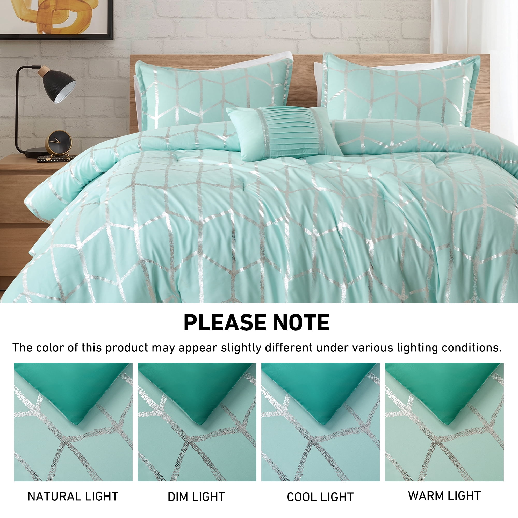 Regency Heights Full/Queen Size Comforter Set, 4-Piece Bedding Set for All Seasons, Geometric Metallic Comforter Bed Set with Decor Pillows,Aqua/Silver - Image 7