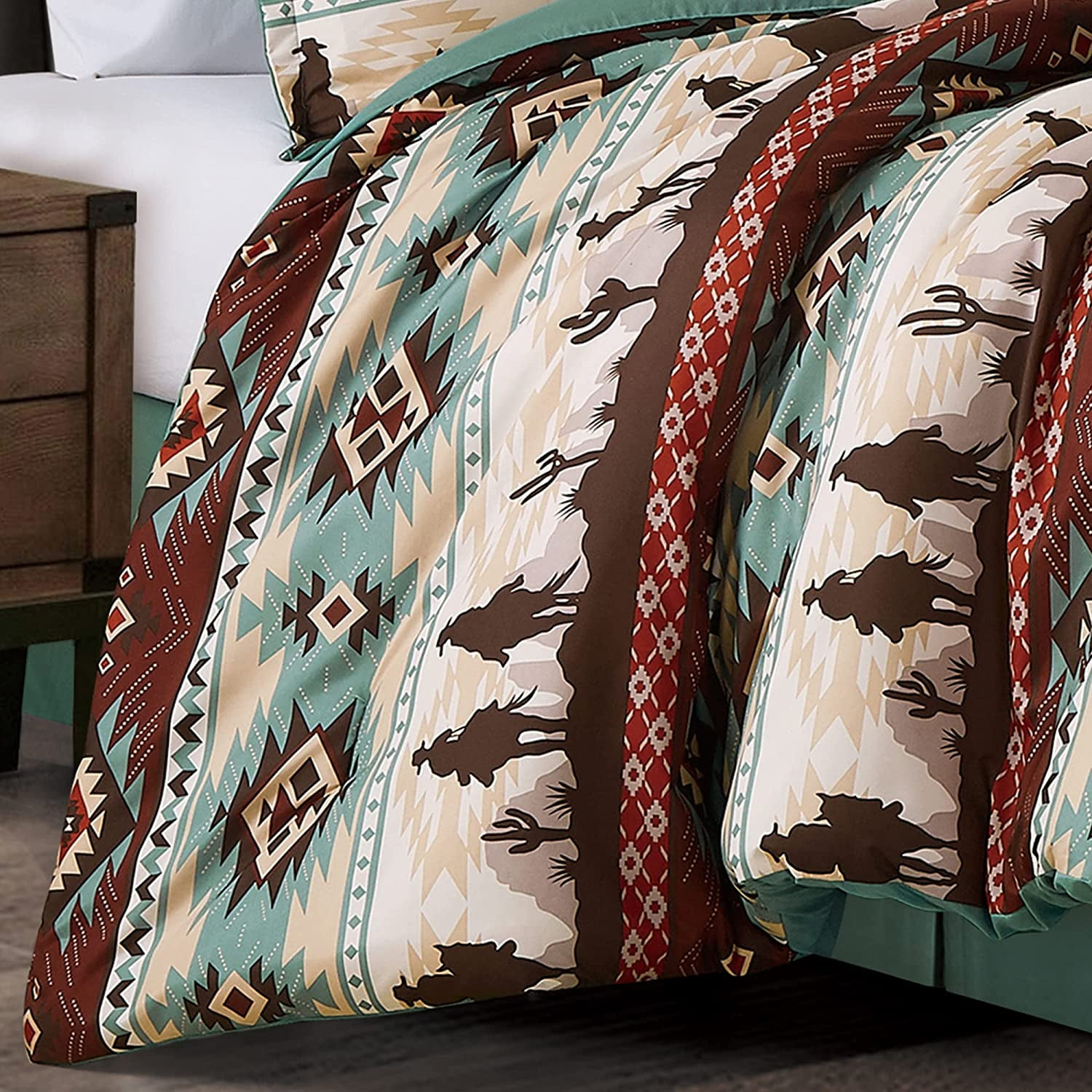 Chezmoi Collection Dune 7-Piece Southwestern Cowboys Comforter Set, Multicolor Teal Brown Beige Tan Red Printed Washed Microfiber Bedding, Oversized King - Image 4