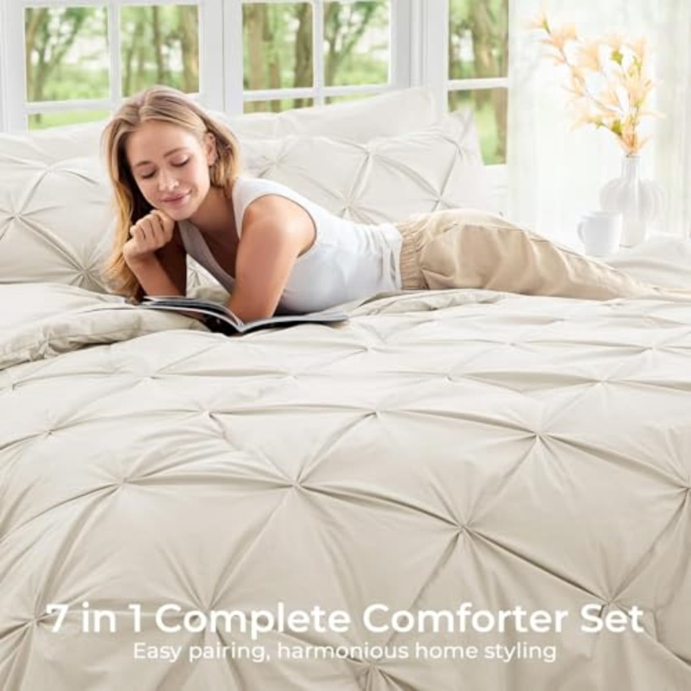 Queen Comforter Set 7-Piece Bed in a Bag Pintuck Bedding Sets for All Season Includes Comforter Flat Sheet Fitted Sheet Pillowcases and Pillowshams Beige - Image 3