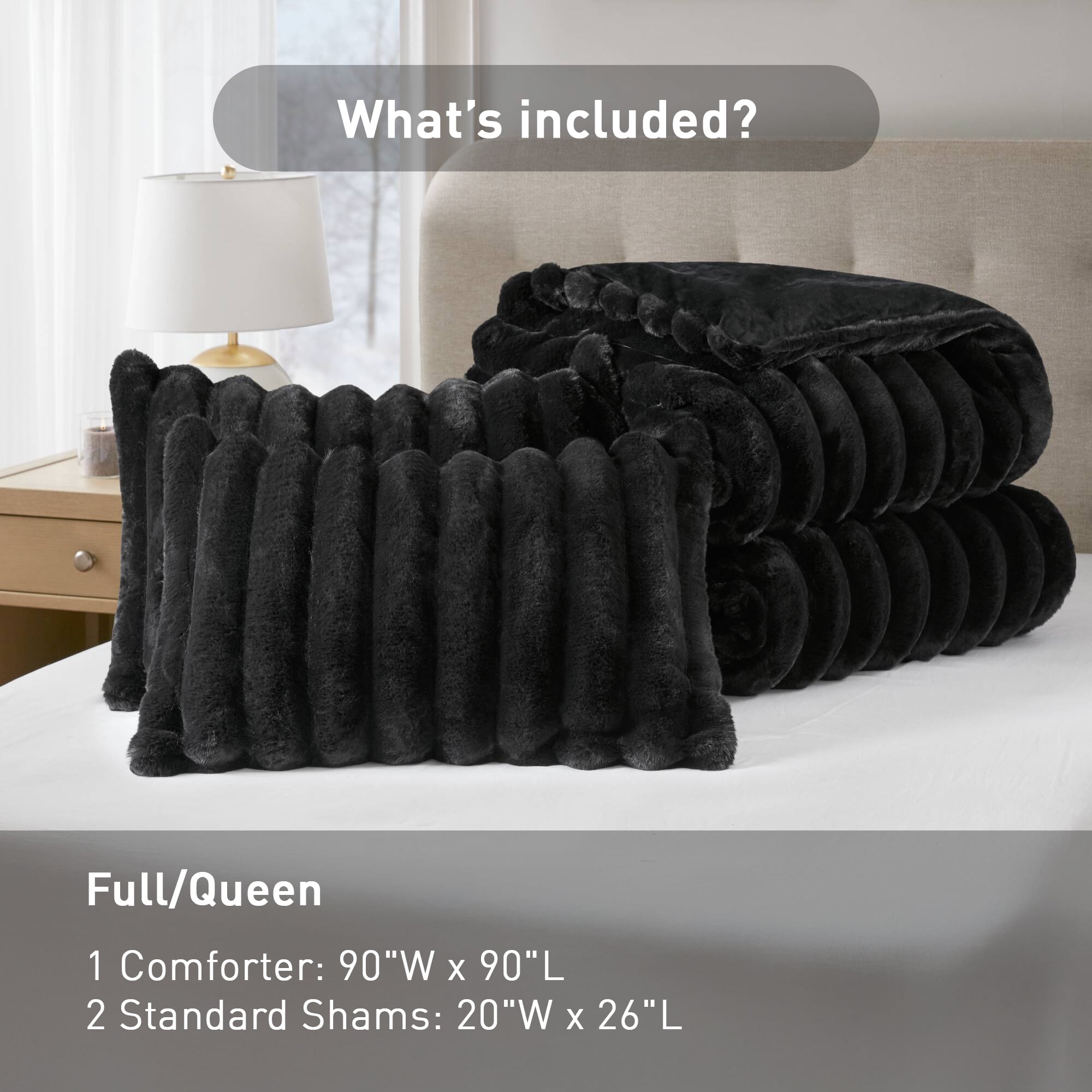 Regency Heights Full/Queen Size Comforter Sets, Black Fluffy Ribbed Plush Bedding Set, 3-Piece Faux Fur Ribbed Bedding Comforter Set - Image 9