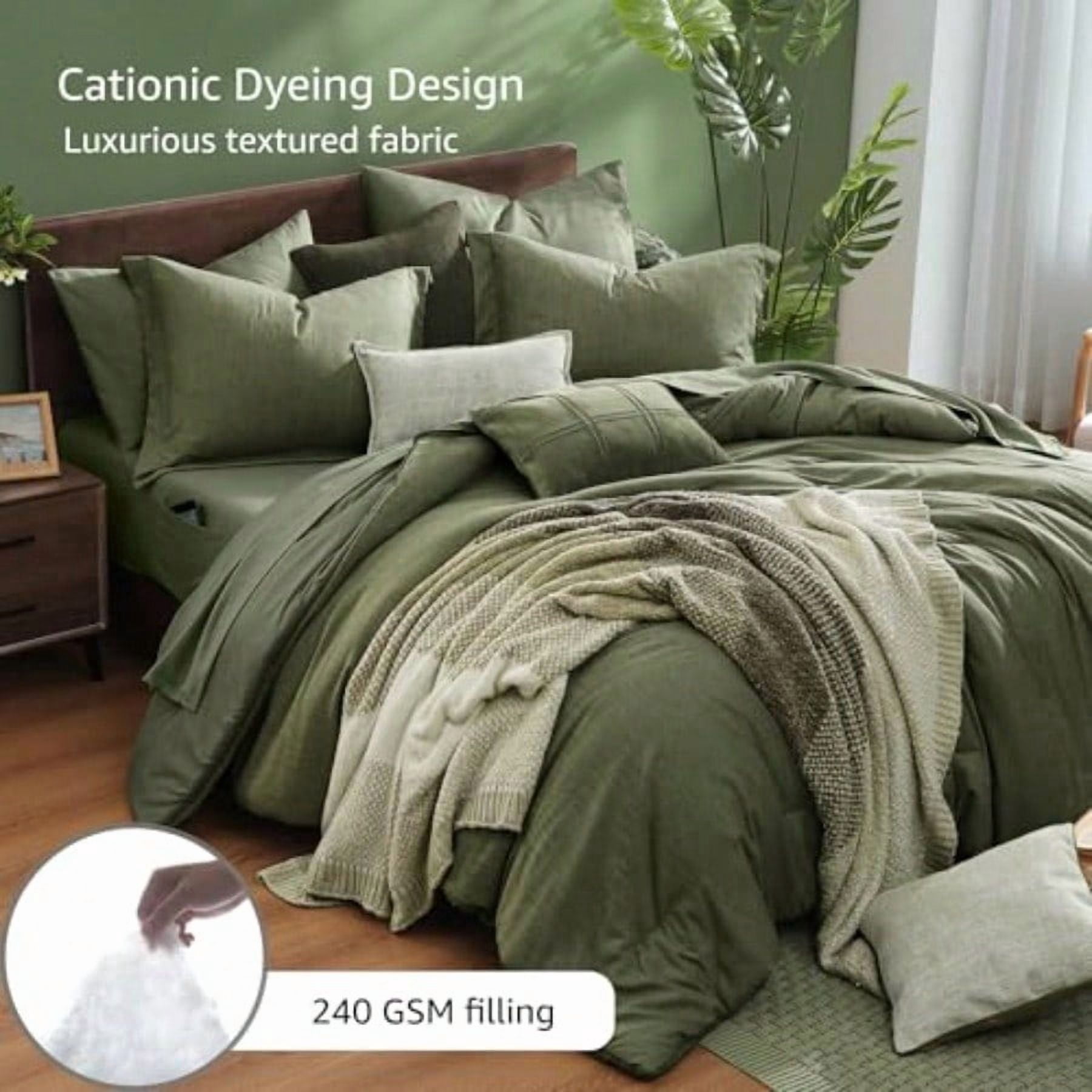 Queen Comforter Set - 7 Pieces Cationic Dyeing Olive Green Bed in a Bag Queen Bedding Sets with Comforter, Sheets, Pillowcases & Shams, Reversible Bedding Comforters Sets - Image 2