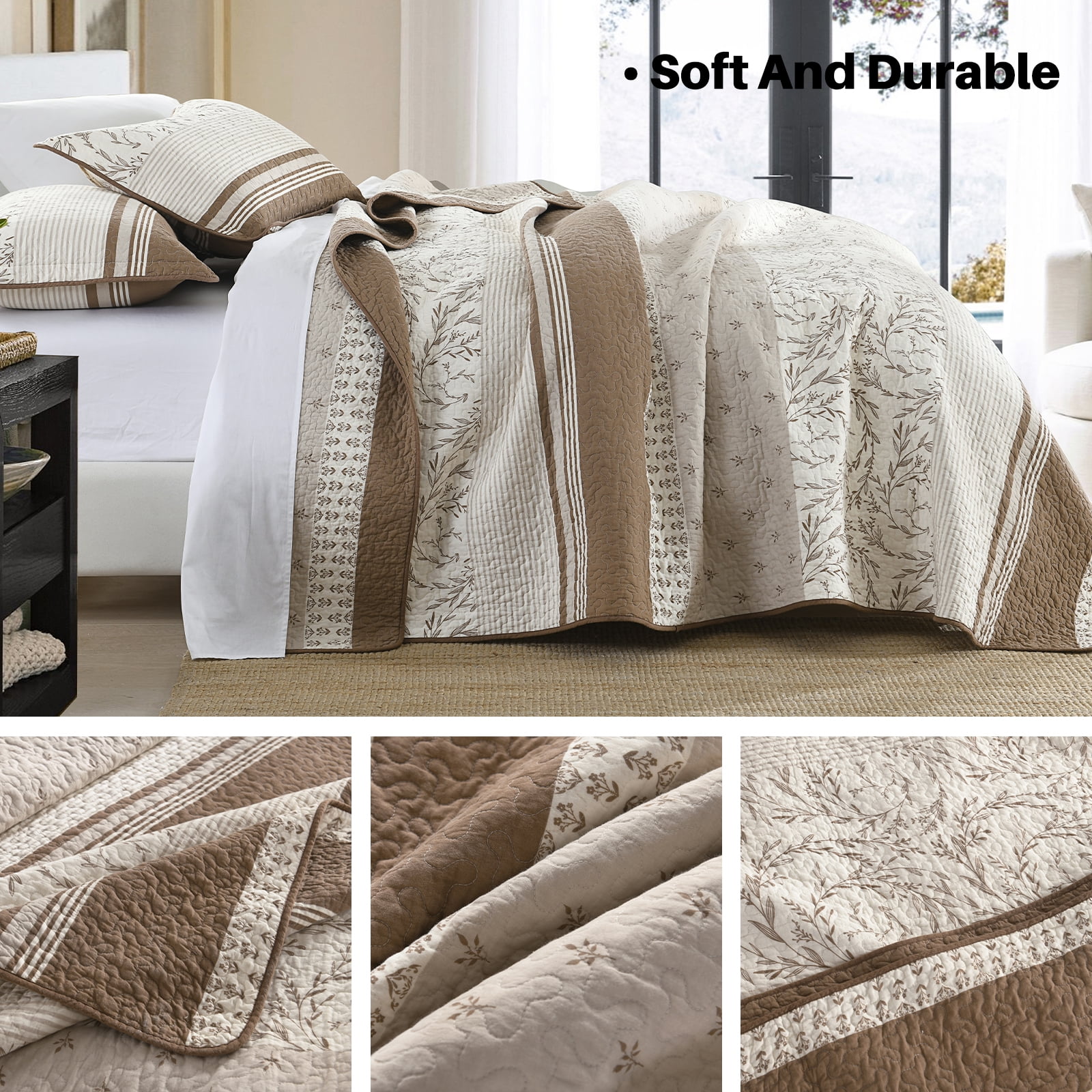 Bedduvit Striped Framhouse Queen Size Quilt - 100% Cotton Retro Rufous/Brown Queen Quilted Bedspread, Lightweight Botanical Floral Print Bedspreads, Summer Vintage Decor Coverlet for Queen Bed, 98x90 - Image 5
