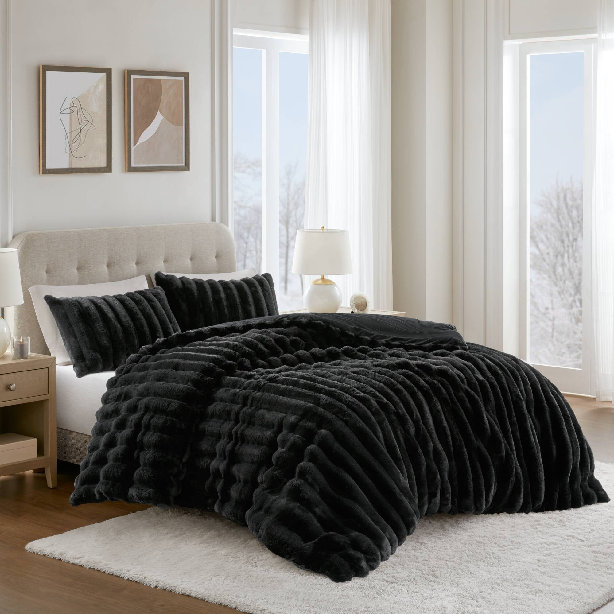 Regency Heights Full/Queen Size Comforter Sets, Black Fluffy Ribbed Plush Bedding Set, 3-Piece Faux Fur Ribbed Bedding Comforter Set - Image 6
