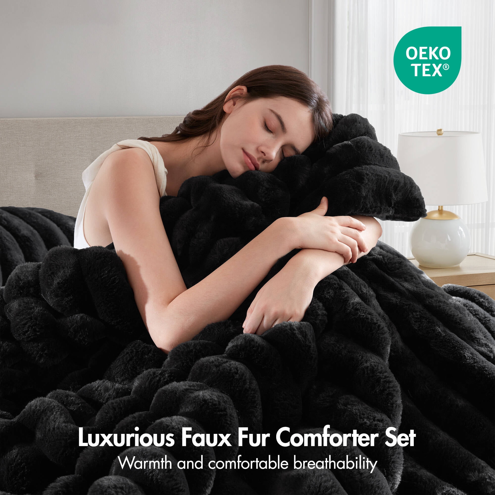 Regency Heights Full/Queen Size Comforter Sets, Black Fluffy Ribbed Plush Bedding Set, 3-Piece Faux Fur Ribbed Bedding Comforter Set - Image 2