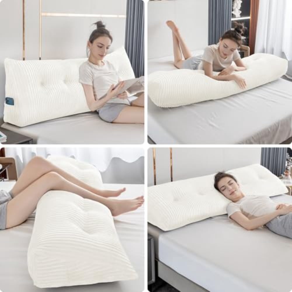 Large Triangular Headboard Wedge Bed Rest Reading Pillow Backrest Positioning Support Bolster Cushions with Removable Cover Light White Queen Size: 59x8x20 Inches - Image 4
