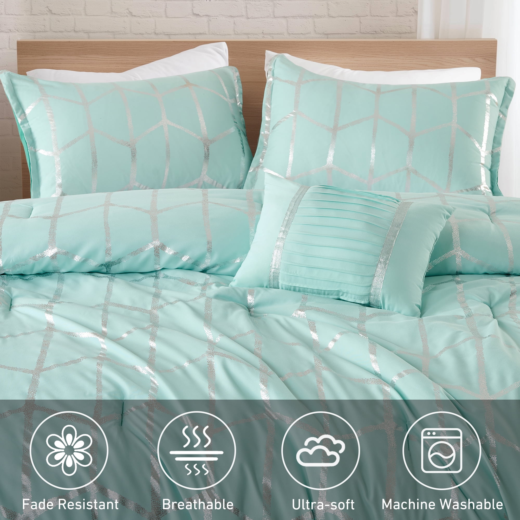 Regency Heights Full/Queen Size Comforter Set, 4-Piece Bedding Set for All Seasons, Geometric Metallic Comforter Bed Set with Decor Pillows,Aqua/Silver - Image 5