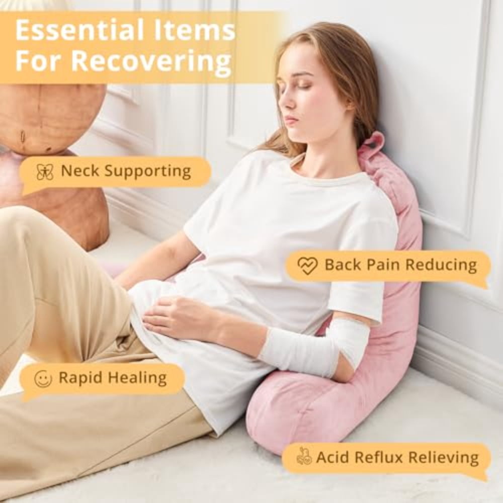 Reading Pillow Velvet Back Pillow for Bed Sitting Up Adult Back-Rest Support Cushion with Arms for Sit Up on Couch Sofa and Floor Dorm Essentials Reading Accessories Pink - Image 2