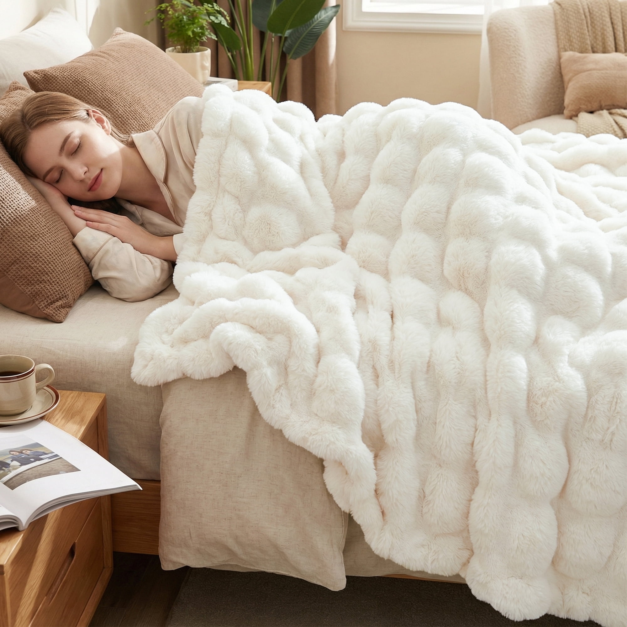 JONIYEAR Extra Large Soft Fuzzy Bubble Faux Rabbit Fur Bed Blanket Full Size 70" x 80", Decorative Big Thick Warm Fluffy Blanket for Winter, Luxury Cute Cozy Shaggy Comfy Furry Blankets, Cream White - Image 8