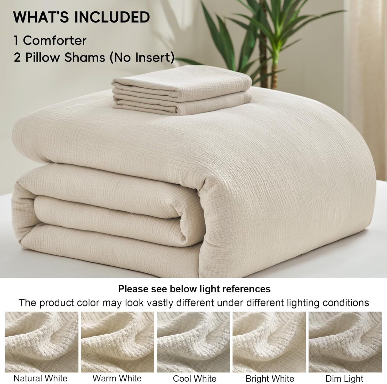 PHF Cotton Muslin Comforter Set Queen Size, Ultra Soft Breathable & Lightweight Bedding Set for All Seasons, 1 Comfy Comforter 90"x90", 2 Pillow Shams 20"x26", Natural - Image 5