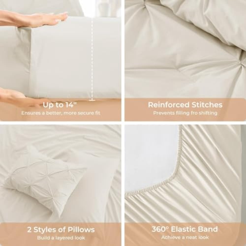 Queen Comforter Set 7-Piece Bed in a Bag Pintuck Bedding Sets for All Season Includes Comforter Flat Sheet Fitted Sheet Pillowcases and Pillowshams Beige - Image 7