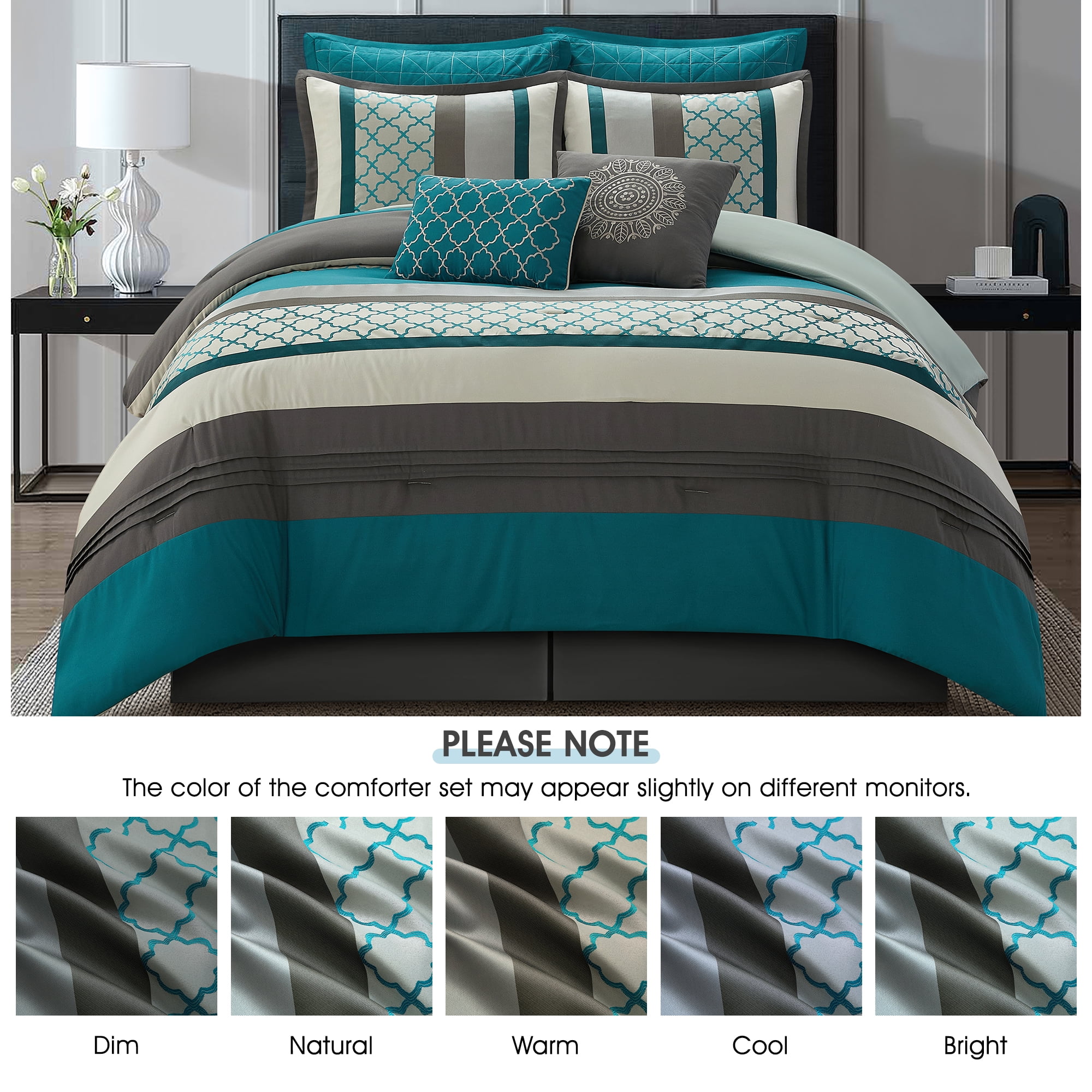 LANCO MODERN LIFESTYLE Queen Comforter Set, Grey Bedding Set, Jacquard Woven with Geometry, 16 Pieces Room in a Bag, Sheets, Bedskirt, Pillow Shams and Cases, Decor Pillows and Curtains - Image 2