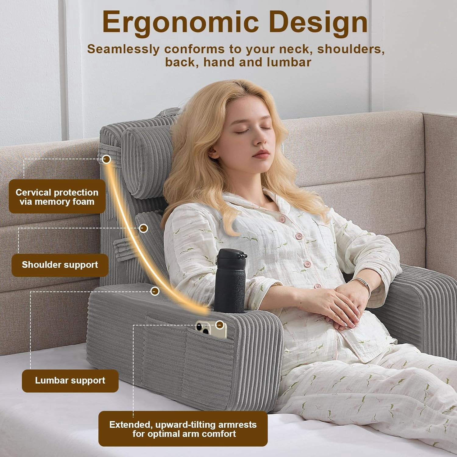 Reading Pillow for Sitting in Bed Adult, Back Pillow for Bed Sitting up with Arms, Pockets and Cup Holder, Sit Up Backrest Pillows for Beds Chair Support, Rest Pillow for Gaming - Image 8