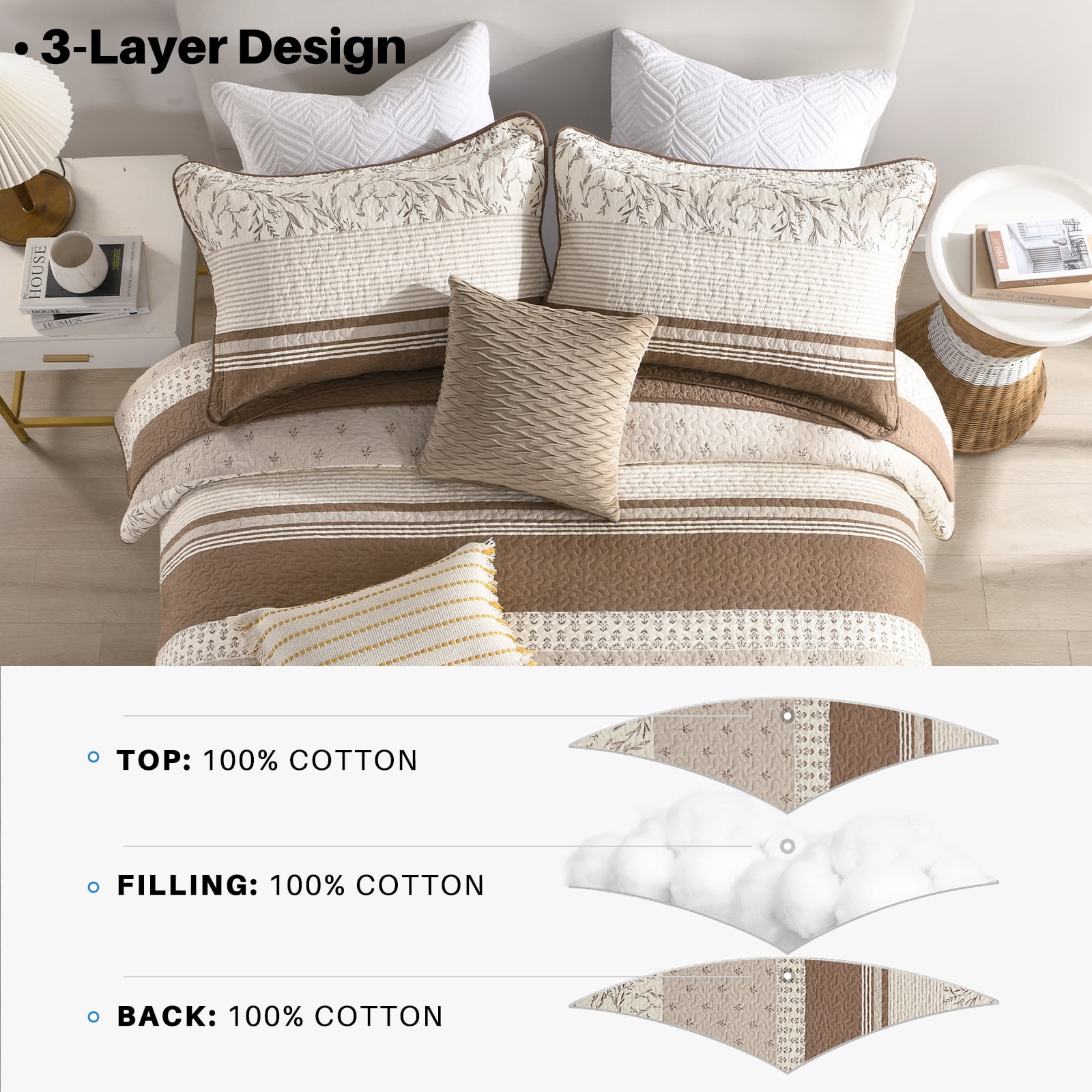 Bedduvit Striped Framhouse Queen Size Quilt - 100% Cotton Retro Rufous/Brown Queen Quilted Bedspread, Lightweight Botanical Floral Print Bedspreads, Summer Vintage Decor Coverlet for Queen Bed, 98x90 - Image 9