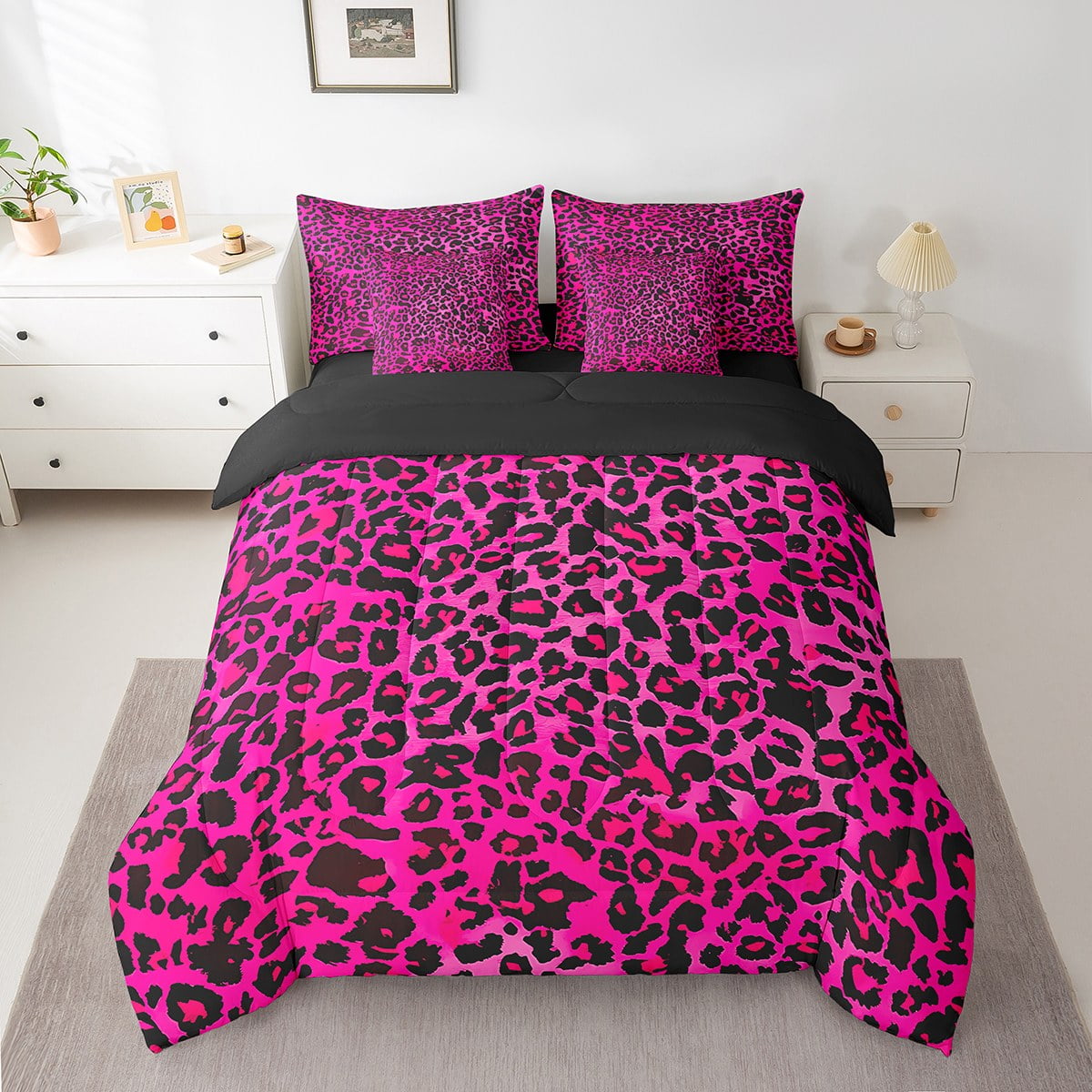 Manfei Leopard Print 7-Piece Bedding Comforter Set,Black Pink King Bedding Sets,Animal Print Ultra Soft Bed Sheets,Microfiber Abstract Bedroom Decoration,Reversible - Image 2