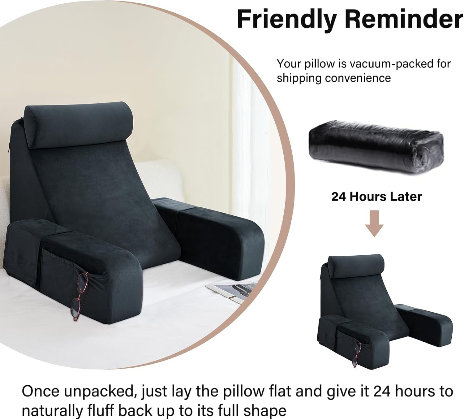 Back Pillow for Bed Sitting up, 19" Reading Pillow for Sitting in Bed Adult, Back Support Pillow with Arms for Watching TV/Reading/Gaming/Resting, Medium(Black) - Image 6