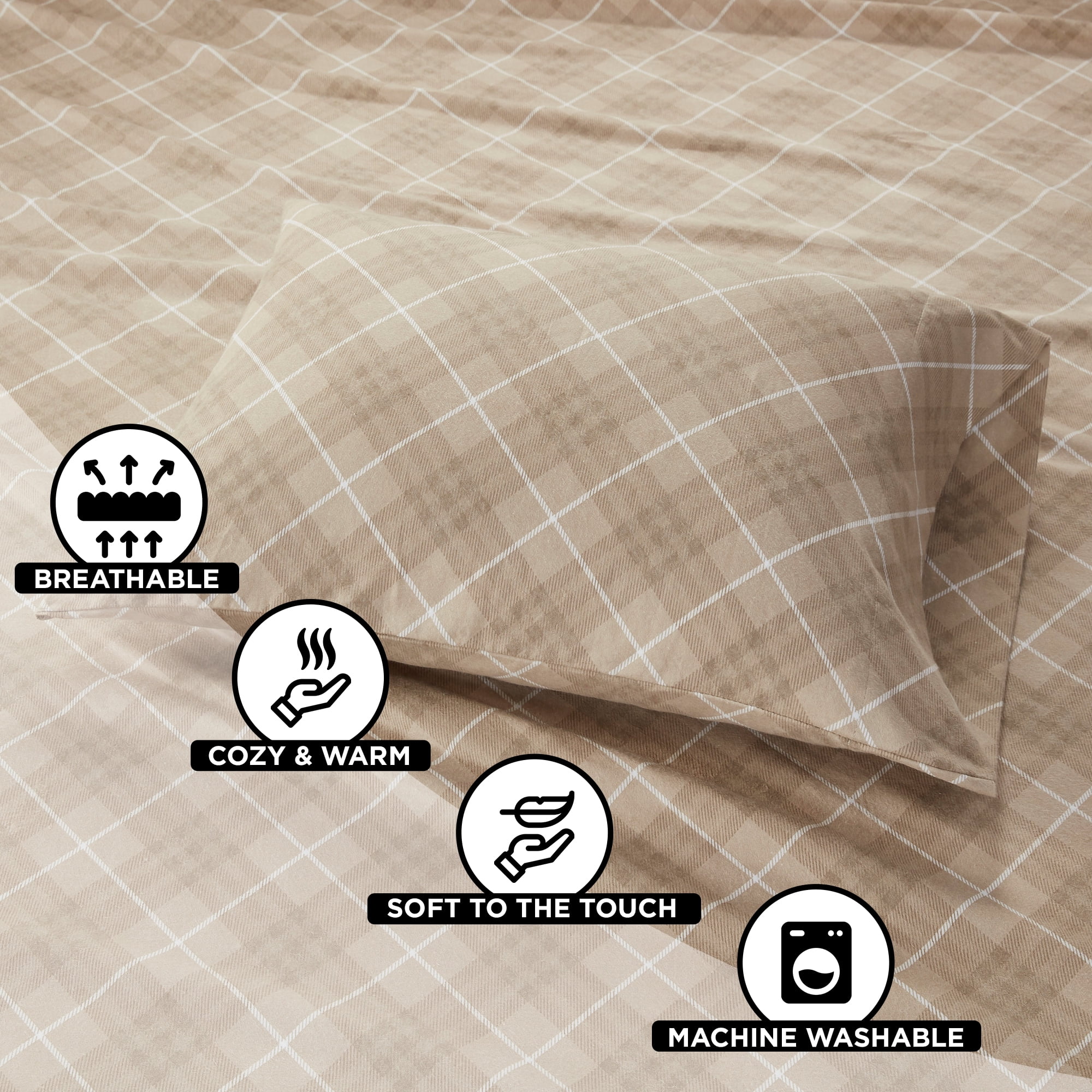 Regency Heights Queen Size Cotton Flannel Sheet Set, 4-Piece Flannel Bed Sheets Queen, 100% Cotton Bed Sheets Set with Deep Pocket, Tan Plaid - Image 3