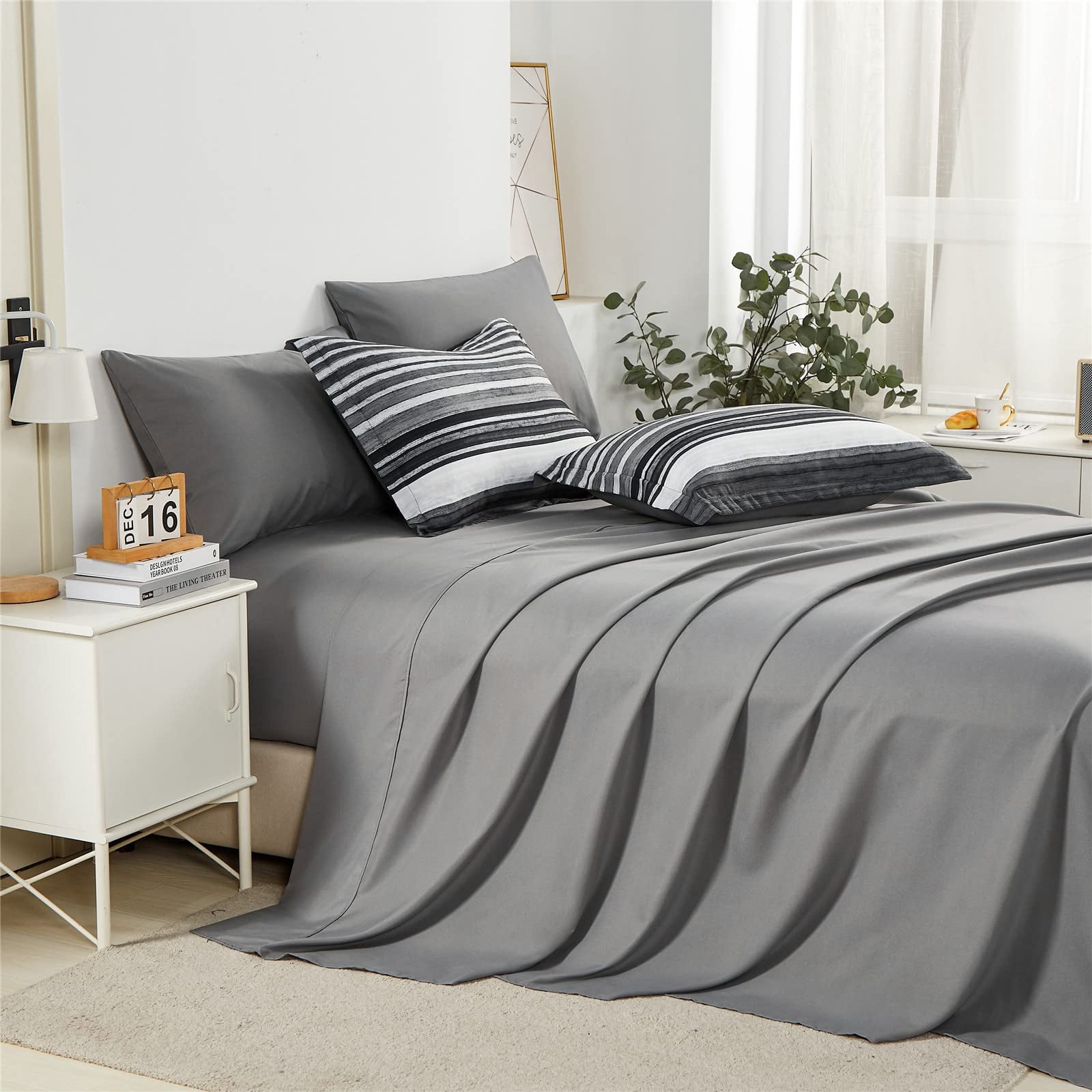 7 Piece Bed In A Bag Stripe Comforter Set Queen Size White Grey Black Patchwork Striped And Sheet All Season Soft Microfiber Complete Bedding Sets(grey Queen) - Image 6