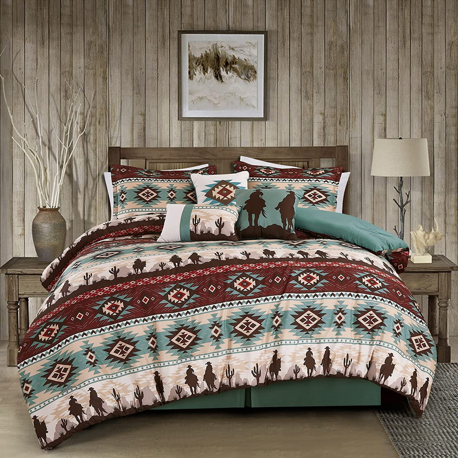 Chezmoi Collection Dune 7-Piece Southwestern Cowboys Comforter Set, Multicolor Teal Brown Beige Tan Red Printed Washed Microfiber Bedding, Oversized King - Image 7