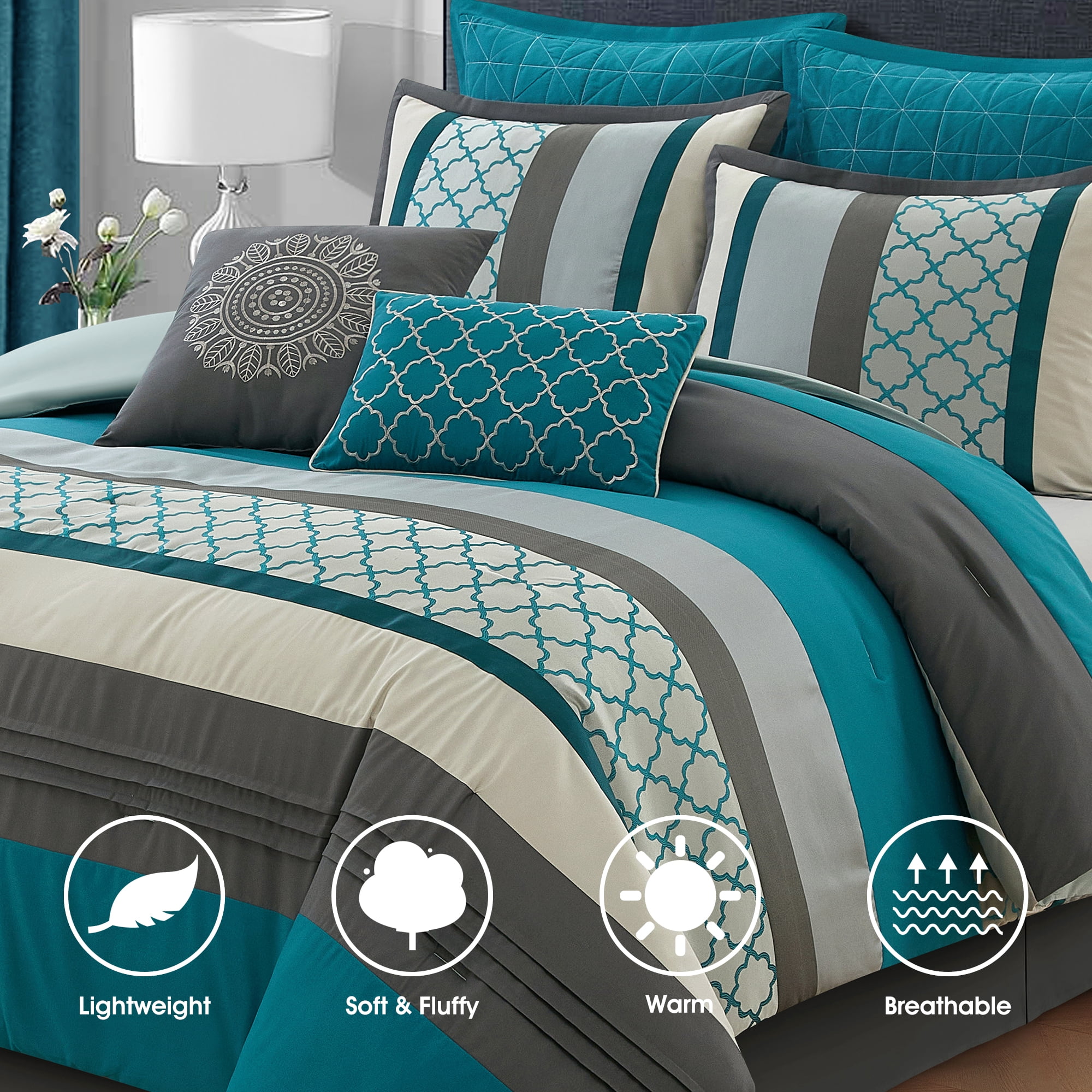 LANCO MODERN LIFESTYLE Queen Comforter Set, Grey Bedding Set, Jacquard Woven with Geometry, 16 Pieces Room in a Bag, Sheets, Bedskirt, Pillow Shams and Cases, Decor Pillows and Curtains - Image 6