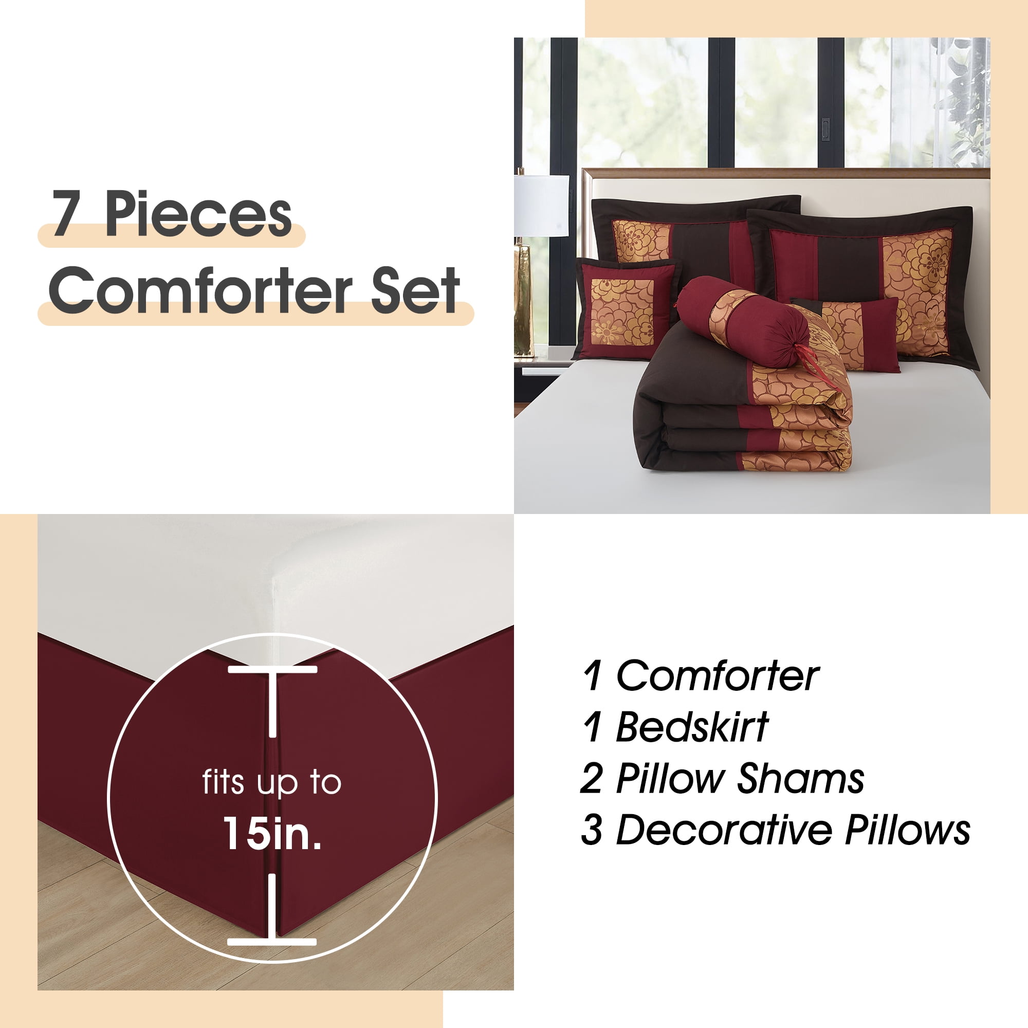 Lanco Nellie Floral 7-Piece Comforter Bedding Set,Classic, Bed Size Queen, Chocolate Brown, Fill Polyester, Floral - Image 3