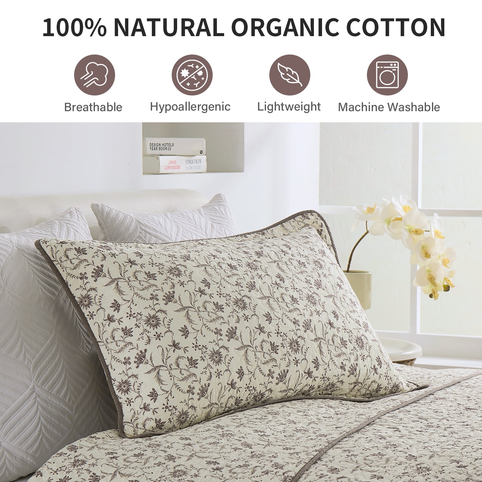 DDUOXIN Floral Beige Queen Size Quilts - 100% Cotton Queen Size Bedspread Quilt Set, Flower Quilted Bedspreads for Queen Bed, Lightweight Reversible Bedding Set for All-season, Purple/Beige Brown - Image 10