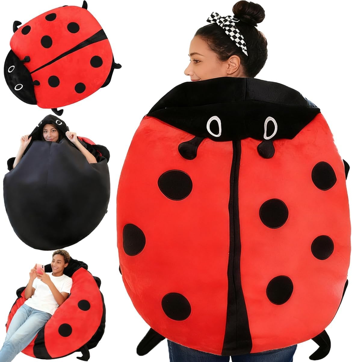 Wearable Ladybug Pillow, Giant Lady Bug Wearable Plush Pillow, Cute Warm Sleeping Pillow for Kids and Adults, Big Bug Plush Cushion