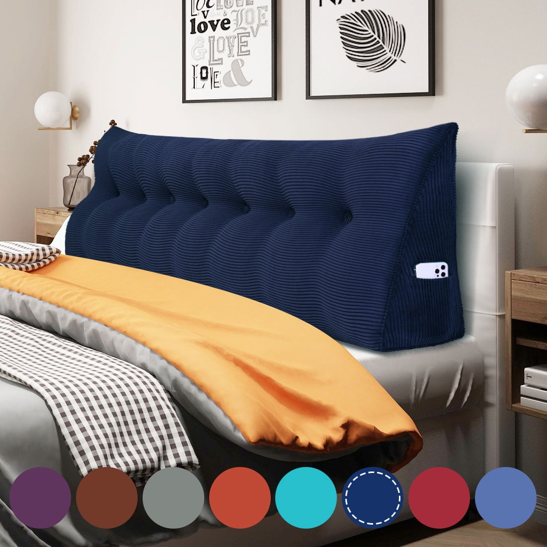 WOWMAX Large Reading Pillow, Triangular Bed Wedge Pillows, Ergonomic Back Supprot Pillow for Sitting in Bed, Upholstered Headboard for Bed & Bed Rest With Removable Cover Corduroy Deep Blue 76Inches