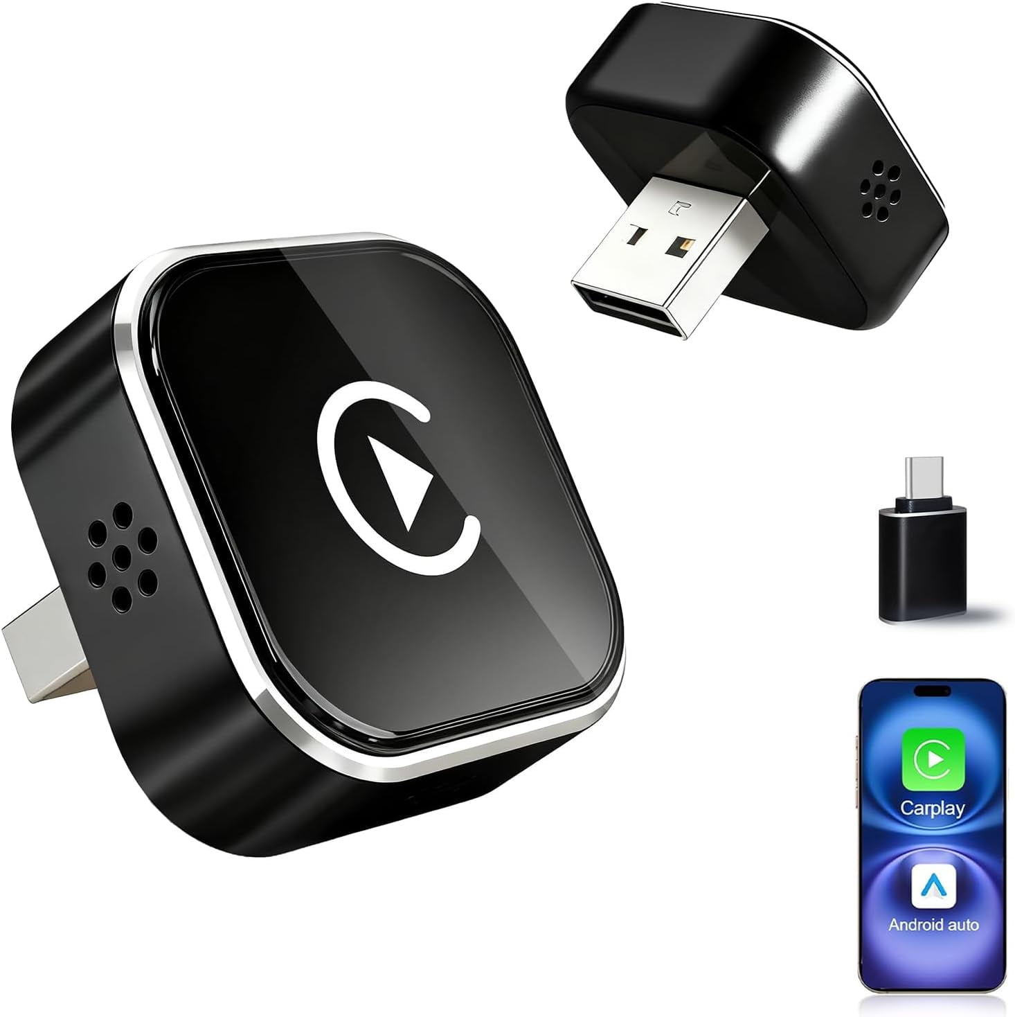 Wireless CarPlay Adapter for iPhone & Android | 2-in-1 Mini Adapter for Apple CarPlay & Android Auto, Convert Wired to Wireless Plug & Play USB to USB-C/Type-C