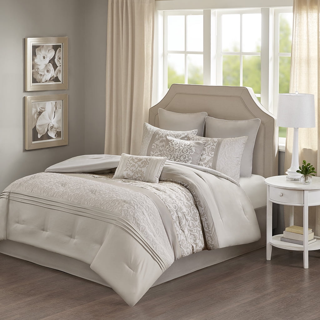 Witaxima 8 Piece Embroidered Comforter Set in Neutral, Cal King Size, Microfiber Bedding with Quilted Design and Pillows