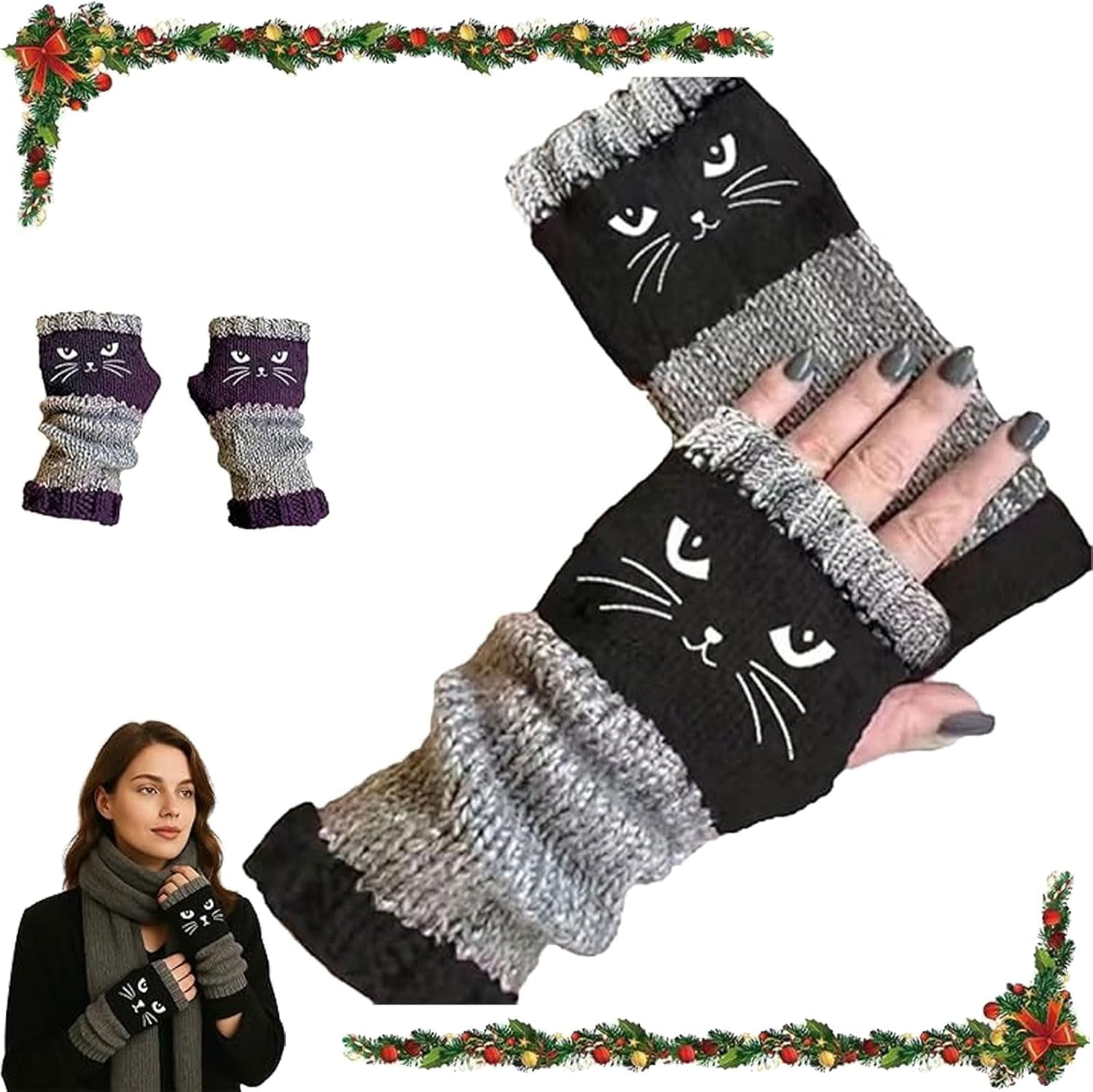 Women's Knitted Fingerless Gloves with Cat Embroidery | Cute & Cozy Fingerless Gloves for Women, Soft Winter Knit Gloves with Cat Design