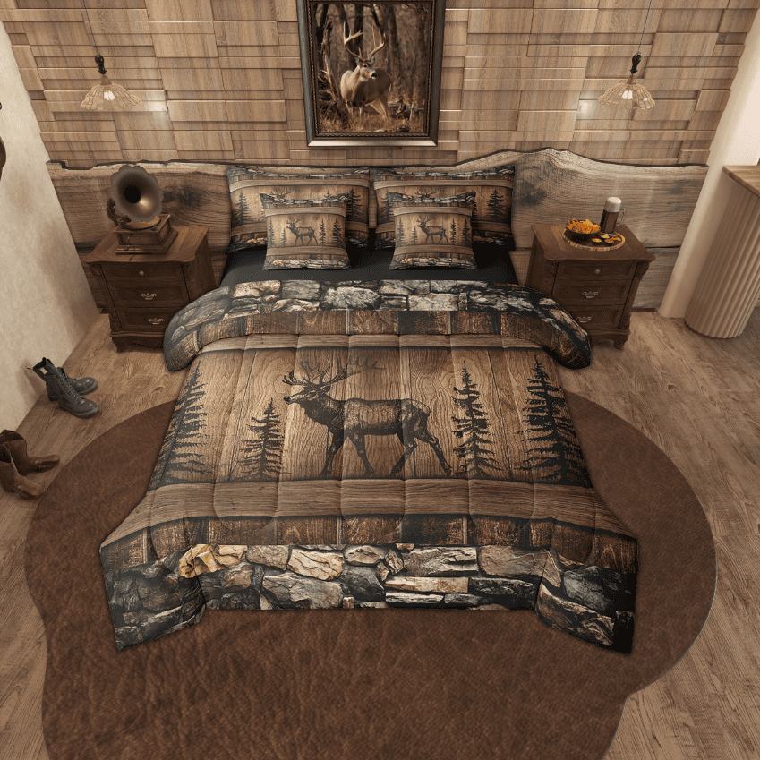 Deer Moose Bed In A Bag 7 Piece King Rustic Cabin Lodge Comforter Set Adults Woodland Hunting Wildlife Animal Bedding Country Farmhouse Bedding Comforter Sets Brown