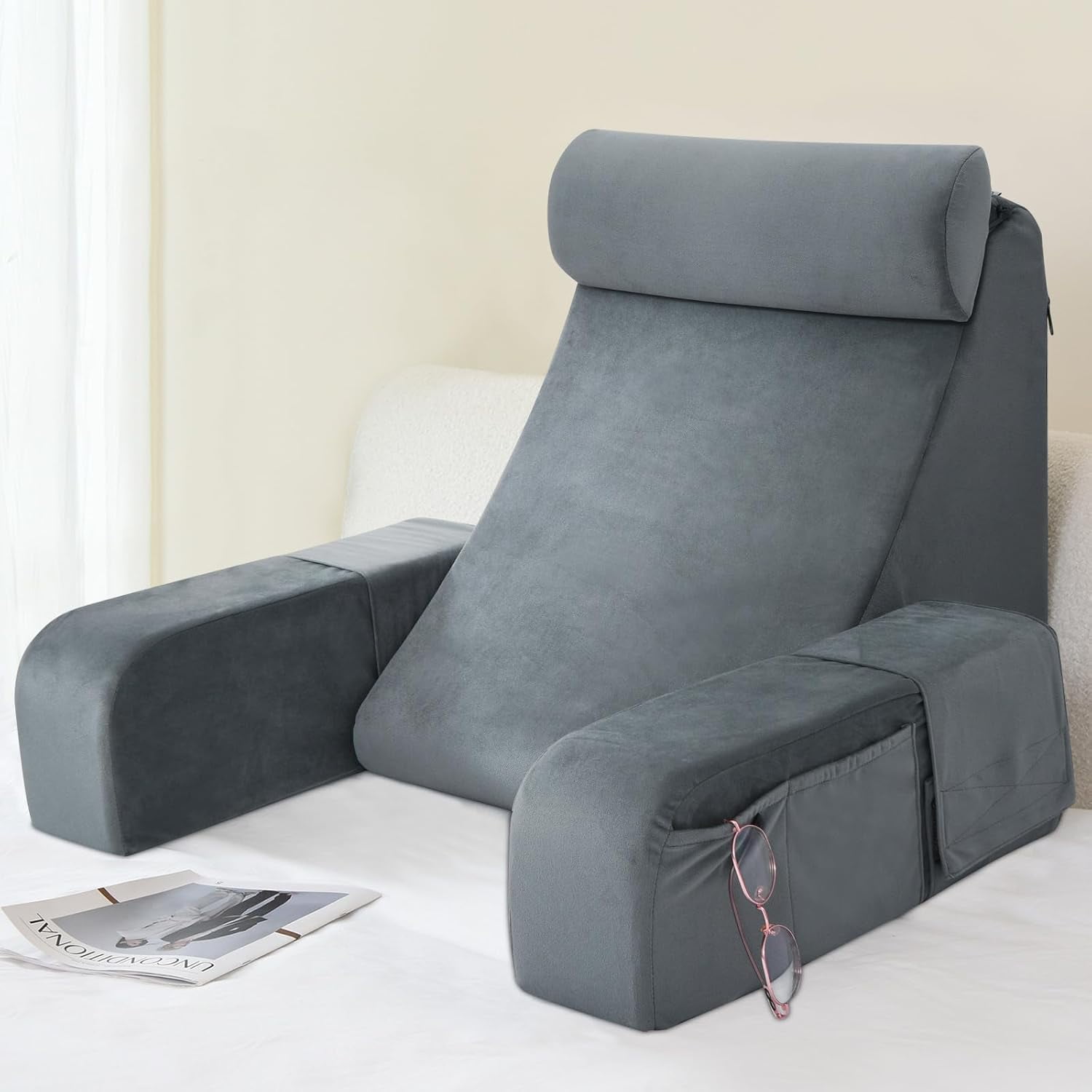 Adult Reading Pillow, 21" Large Backrest Pillow, Perfect for Sitting, Reading, and Lounging in Bed, Gray