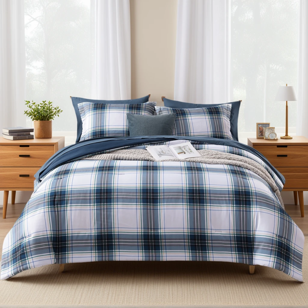 Amberspace Reversible Checkered 7-piece Bed in a Bag Comforter Set with Sheets,Dark Blue,Full