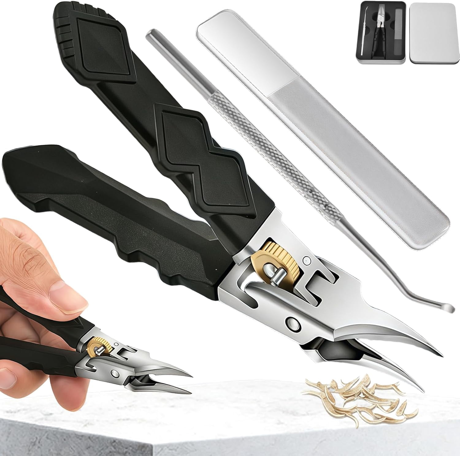 Anti-Slip Nail Clipper Set for Men & Seniors, Ultra Sharp Gear Lock Trimmer for Thick Nails & Ingrown Grooves, Heavy Duty Manicure Kit, Black