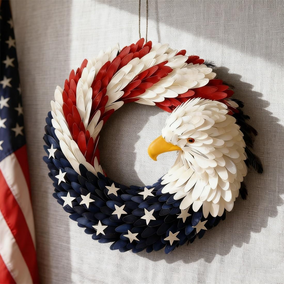 Bald Eagle Wreath for Front Door, 250 Anniversary Wreath with American Flag Style, Patriotic Outdoor Porch Decor for 4th of July Memorial Day